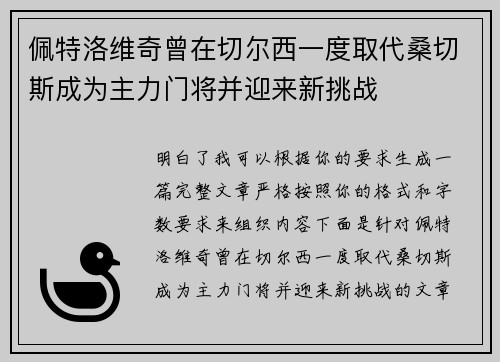 佩特洛维奇曾在切尔西一度取代桑切斯成为主力门将并迎来新挑战