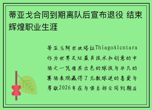 蒂亚戈合同到期离队后宣布退役 结束辉煌职业生涯